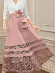 Aimishang  A-Line Mother of the Bride Dress Wedding Guest Elegant V Neck Ankle Length Stretch Chiffon 3/4 Length Sleeve with Lace Ruching Flower