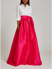 A-Line Evening Gown Party Dress Formal Wedding Guest Floor Length 3/4 Length Sleeve Shirt Collar Satin with Bow(s) Pleats