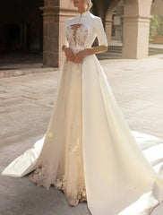 Aimishang Engagement Royal Style Formal Wedding Dresses A-Line Sweetheart Half Sleeve Court Train Satin Bridal Gowns With Ruffles Appliques