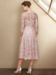 A-Line Mother of the Bride Dress Elegant Jewel Neck Tea Length Lace Charmeuse 3/4 Length Sleeve with Sash / Ribbon Bow(s) Appliques