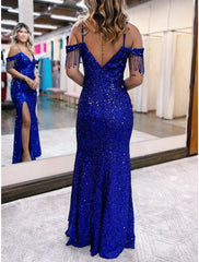 Sheath / Column Prom Dresses Sparkle & Shine Dress Evening Party Floor Length Short Sleeve V Neck Sequined Backless with Glitter Tassel Slit