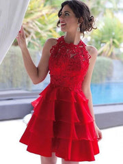 Bridelily A-Line Chiffon Jewel Sleeveless Short With Lace Prom Dresses