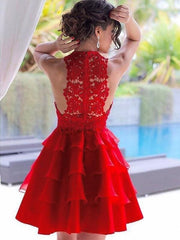 Bridelily A-Line Chiffon Jewel Sleeveless Short With Lace Prom Dresses