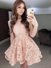Bridelily A-Line Lace Scoop Sleeveless Short/Mini With Ruffles Dresses