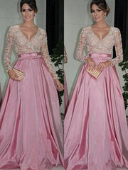 Bridelily A-Line Long Sleeves V-Neck Floor-Length Lace Satin Dresses