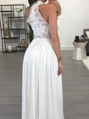 Bridelily A-Line Sleeveless Halter Floor-Length Chiffon Lace Dresses