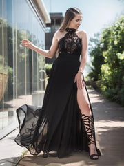 Bridelily A-Line Sleeveless Halter Floor-Length Lace Chiffon Dresses