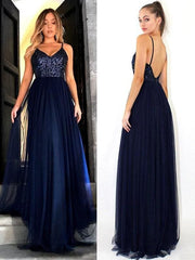 Bridelily A-Line Sleeveless Straps Floor-Length Sequin Tulle Dresses