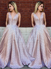 Bridelily A-Line Sleeveless V-Neck Sweep/Brush Train Sequins Dresses