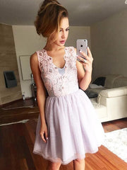 Bridelily A-Line Tulle Sleeveless Short/Mini With Lace Prom Dresses