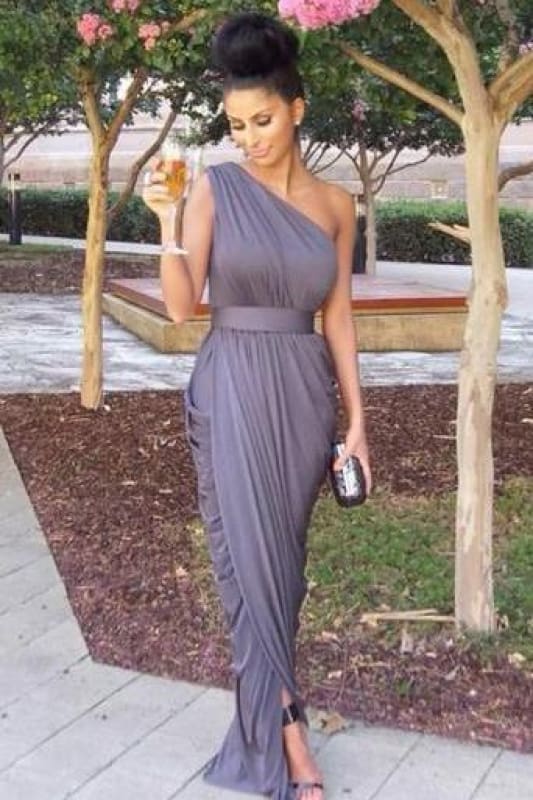 Bridelily Chiffon One Shoulder Long Bridesmaid Dresses Simple Ruffle Prom Dress Under 100