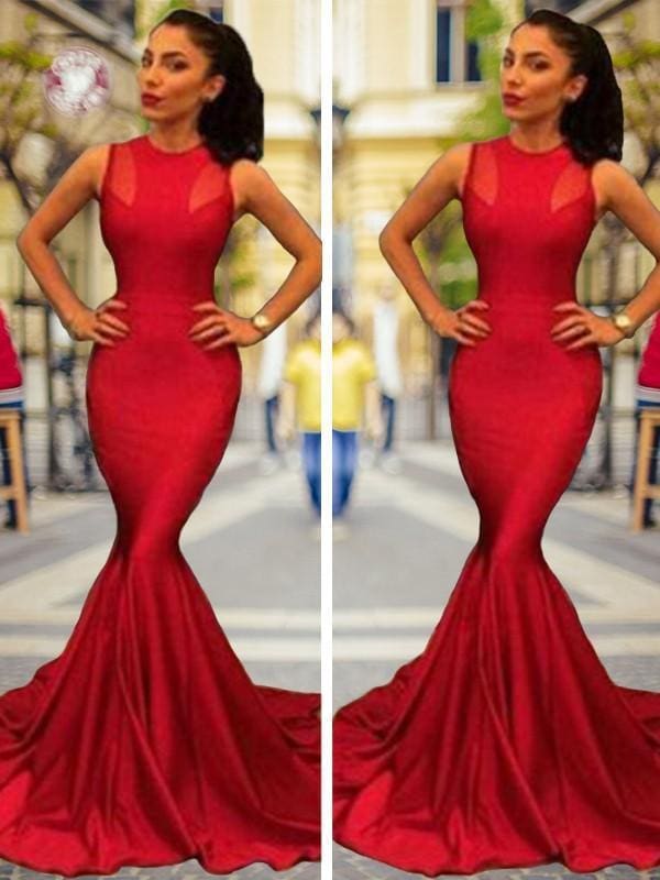 Bridelily Mermaid Sleeveless Jewel Court Train Satin Dresses