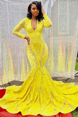 Bright Yellow Long Sleeves Mermaid Prom Dress