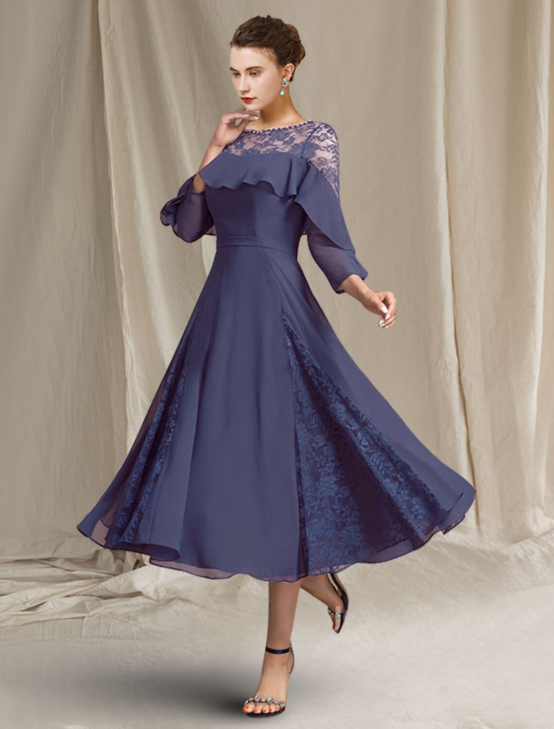 Aimishang A-Line Mother of the Bride Dress Elegant Jewel Neck Tea Length Chiffon 3/4 Length Sleeve with Pleats Sequin Ruffles