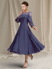 Aimishang A-Line Mother of the Bride Dress Elegant Jewel Neck Tea Length Chiffon 3/4 Length Sleeve with Pleats Sequin Ruffles