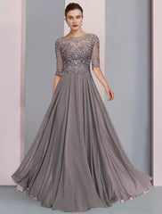 Aimishang  A-Line Mother of the Bride Dress Formal Wedding Guest Elegant Scoop Neck Floor Length Chiffon Lace Half Sleeve Wrap Included with Pleats Beading Appliques