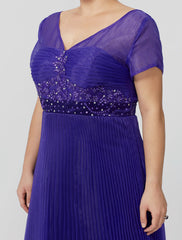 Aimishang Princess Mother of the Bride Dress Elegant & Luxurious Glamorous & Dramatic Plus Size V Neck Floor Length Organza Short Sleeve No with Pleats Beading Appliques