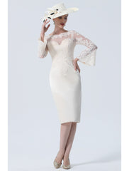 Aimishang  Sheath / Column Mother of the Bride Dress Vintage Plus Size Elegant Jewel Neck Knee Length Satin Lace Long Sleeve with Lace