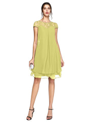 Aimishang A-Line Mother of the Bride Dress Plus Size Elegant Illusion Neck Knee Length Chiffon Lace Short Sleeve with Sequin