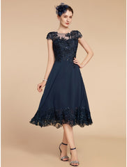Aimishang  A-Line Mother of the Bride Dress Wedding Guest Elegant Petite Scoop Neck Tea Length Chiffon Lace Cap Sleeve with Sequin Ruching Solid Color
