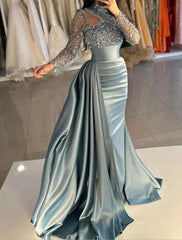 Mermaid / Trumpet Evening Gown Elegant Dress Formal Sweep / Brush Train Long Sleeve High Neck Satin with Pearls Sequin