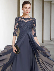 Aimishang  A-Line Mother of the Bride Dress Fall Wedding Guest Plus Size Elegant High Low Jewel Neck Asymmetrical Tea Length Chiffon Lace Half Sleeve with Ruched Appliques
