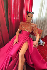 Budget High Neck Half Sleeves Evening Gowns Fuchsia Long Split With Sequins