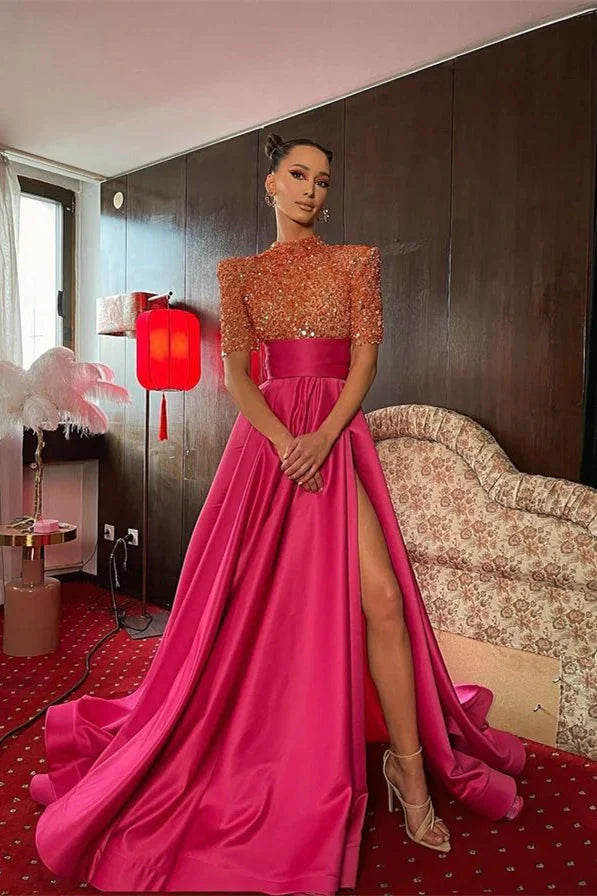 Budget High Neck Half Sleeves Evening Gowns Fuchsia Long Split With Sequins