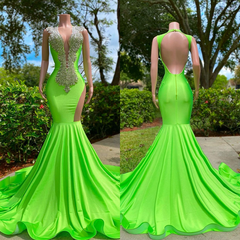 Budget Light Green V-Neck Mermaid Evening Gowns Lng Crystals Online