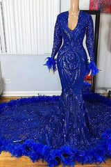 Budget Royal Blue Long Sleeves Evening Gowns Mermaid Sequins With Feather