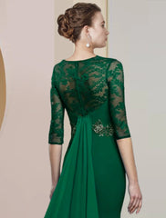 Aimishang  Sheath / Column Mother of the Bride Dress Formal Wedding Guest Elegant Scoop Neck Floor Length Chiffon Lace Half Sleeve with Appliques
