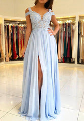 Blue Chiffon Lace Long Prom Dresses, A-Line Evening Dresses