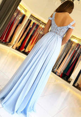 Blue Chiffon Lace Long Prom Dresses, A-Line Evening Dresses