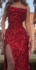 Burgundy Prom Dress Tight Long Leg Split Evening Gowns