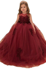 Burgundy Sleeveless Ball Gown Flower Girl Dress with Scoop Neck