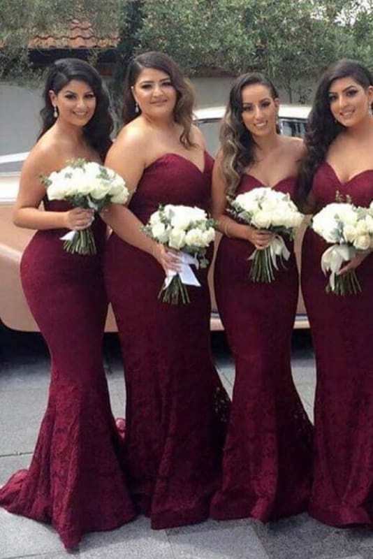 Burgundy Sweetheart Mermaid Sweep Train Bridesmaid Dress Strapless Long