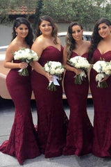 Burgundy Sweetheart Mermaid Sweep Train Bridesmaid Dress Strapless Long