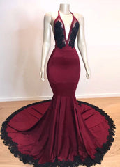 Burgundy V-Neck Halter Mermaid Evening Dress with Applique