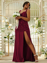 Sheath/Column Polyester Ruched Sweetheart Sleeveless Sweep/Brush Train Bridesmaid Dresses
