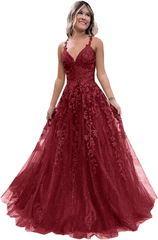 2024 Long Blue Lace Prom Dresses V Neck Formal Evening Dresses Open Back