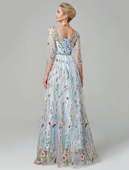 A-Line Evening Gown Party Dress Floral Dress Holiday Wedding Guest Floor Length 3/4 Length Sleeve Illusion Neck Lace with Embroidery 2025