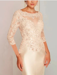 Sheath / Column Mother of the Bride Dress Wedding Guest Elegant Jewel Neck Knee Length Charmeuse 3/4 Length Sleeve with Appliques