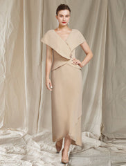 Sheath / Column Mother of the Bride Dress Elegant High Low V Neck Asymmetrical Ankle Length Chiffon Short Sleeve with Ruffles Crystal Brooch