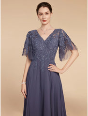 Aimishang  A-Line Mother of the Bride Dress Wedding Guest Elegant V Neck Floor Length Chiffon Lace Short Sleeve with Sequin Ruching Solid Color