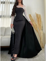 Sheath Evening Gown Elegant Dress Formal Floor Length Black Dress Carival Long Sleeve Scoop Neck Satin with Pleats Sequin
