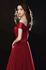 Burgundy Tulle Floor Length Prom Dress, Off the Shoulder Party Dress