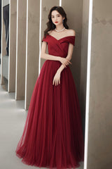 Burgundy Tulle Floor Length Prom Dress, Off the Shoulder Party Dress