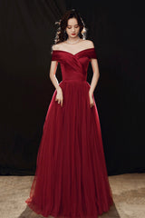 Burgundy Tulle Floor Length Prom Dress, Off the Shoulder Party Dress