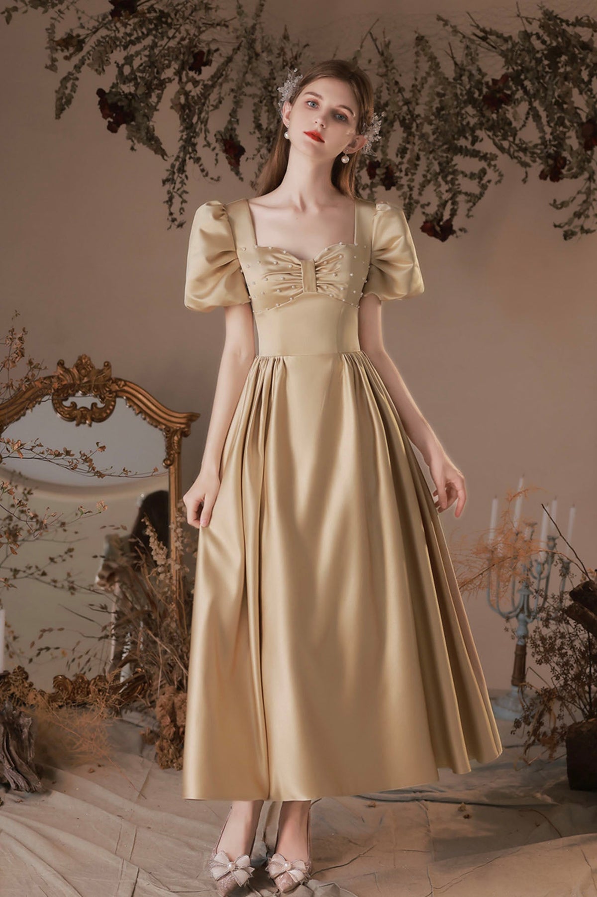 Cute Satin Tea Length Prom Dress, A-Line Short Sleeve Graduation Party Dress