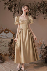 Cute Satin Tea Length Prom Dress, A-Line Short Sleeve Graduation Party Dress